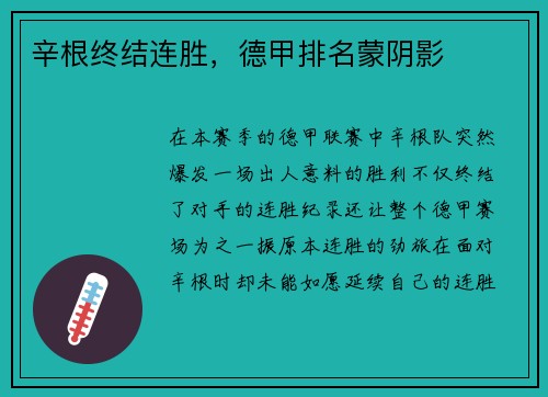 辛根终结连胜，德甲排名蒙阴影